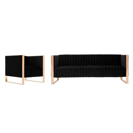 MANHATTAN COMFORT Trillium Sofa and Armchair Set of 2 in Black and Rose Gold 2-SS559-BK